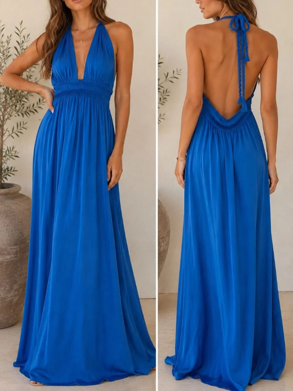 LoveShackFancy Blue Halter Maxi Dress Size 2 Backless Smocked Waist Flowy - Picture 1 of 9
